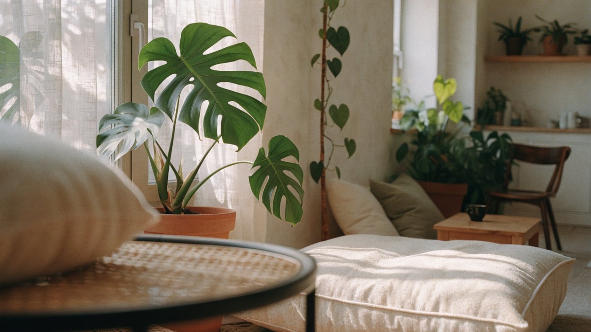 Plantas e texturas suaves criam um ambiente calmo e relaxante.