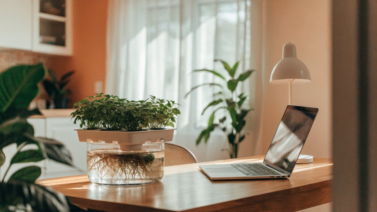 Uma horta hidropônica integra verde e produtividade na mesa.