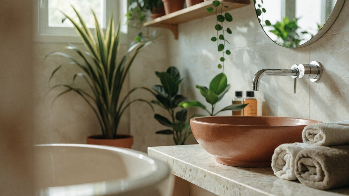 Banheiro decorado com plantas e cantinho verde
