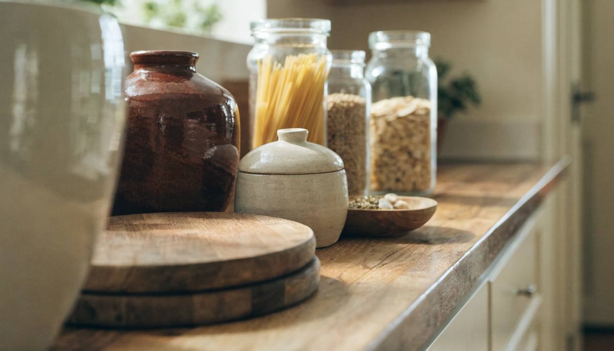 Potes de vidro organizando a bancada da cozinha