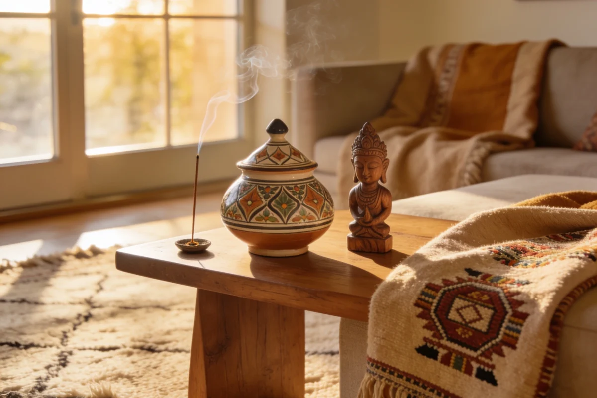 Objetos decorativos inspirados em viagens sobre mesa de madeira, com incensário, pote de cerâmica artesanal, escultura de Buda e manta étnica em ambiente iluminado pela luz natural.