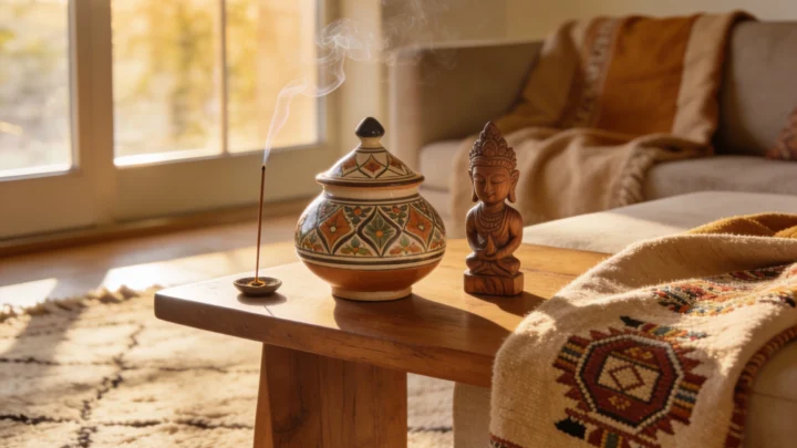Objetos decorativos inspirados em viagens sobre mesa de madeira, com incensário, pote de cerâmica artesanal, escultura de Buda e manta étnica em ambiente iluminado pela luz natural.