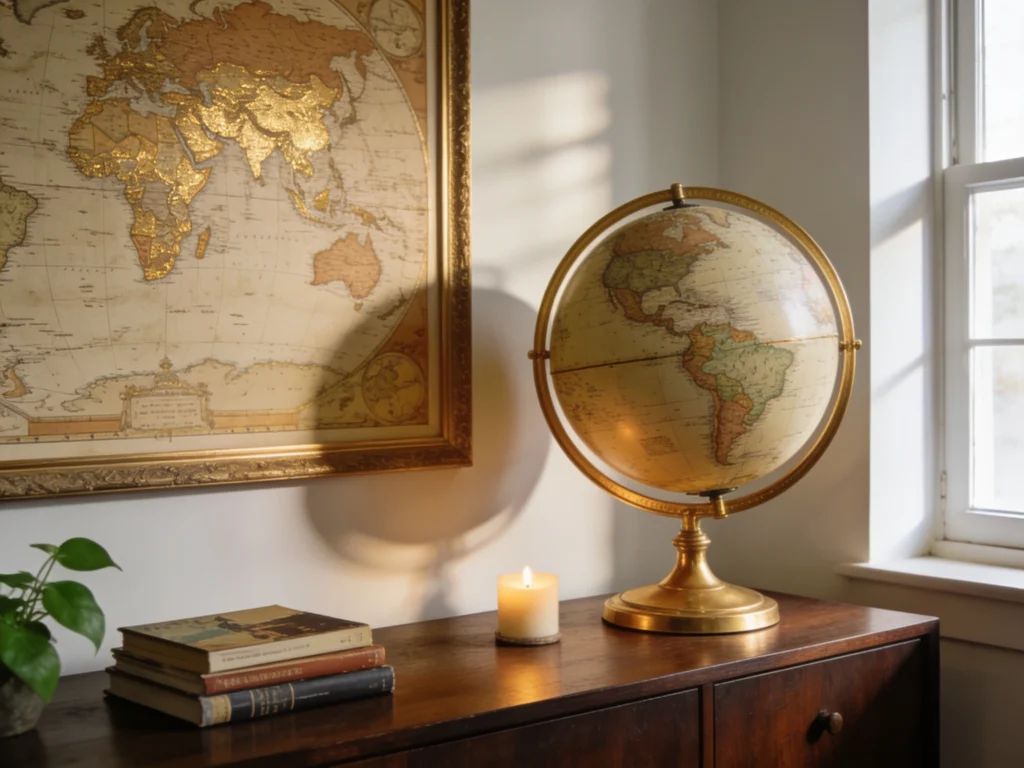 Mapa-múndi vintage emoldurado e globo terrestre sobre aparador de madeira, compondo um ambiente com decoração inspirada em viagens e exploração.