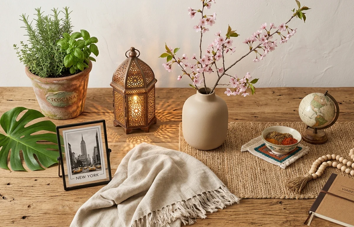 Composição decorativa inspirada em diferentes destinos do mundo com ervas aromáticas, lanterna marroquina, ramo de cerejeira, fotografia de Nova York e objetos artesanais sobre mesa de madeira.