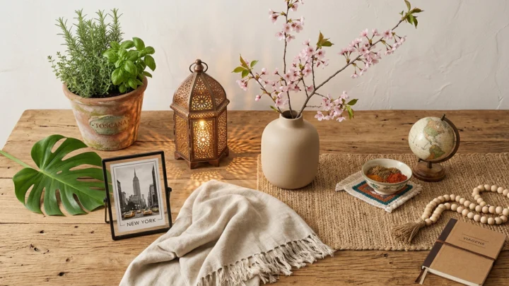Composição decorativa inspirada em diferentes destinos do mundo com ervas aromáticas, lanterna marroquina, ramo de cerejeira, fotografia de Nova York e objetos artesanais sobre mesa de madeira.
