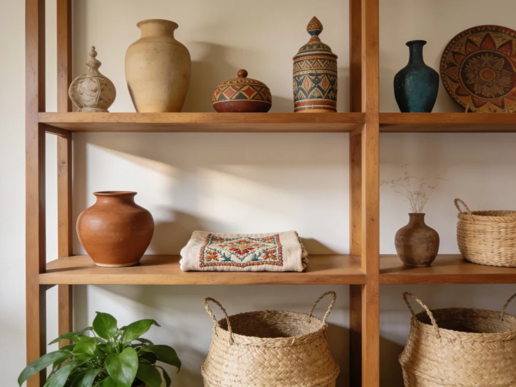 Estante de madeira decorada com cerâmicas artesanais, cestos de fibras naturais, vasos de barro e objetos adquiridos em viagens.