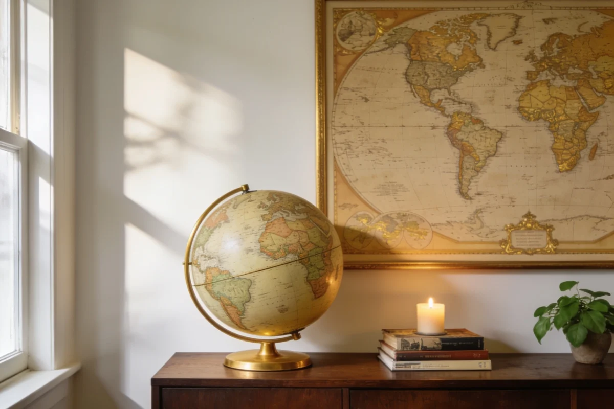 Globo terrestre e mapa-múndi vintage emoldurado sobre aparador de madeira, compondo uma decoração clássica inspirada em viagens e exploração.