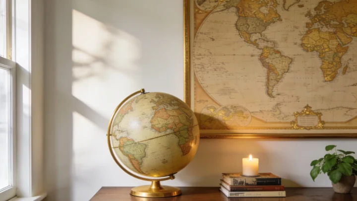Globo terrestre e mapa-múndi vintage emoldurado sobre aparador de madeira, compondo uma decoração clássica inspirada em viagens e exploração.