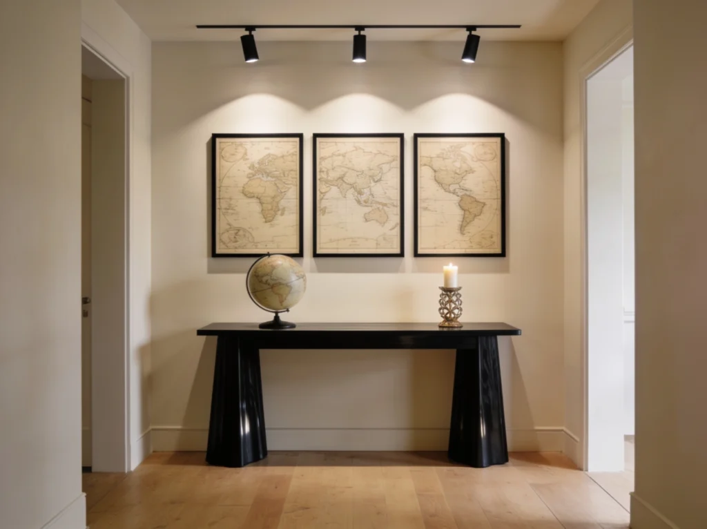 Hall de entrada decorado com mapas-múndi emoldurados, globo terrestre sobre aparador preto e iluminação direcionada, inspirado no universo das viagens.