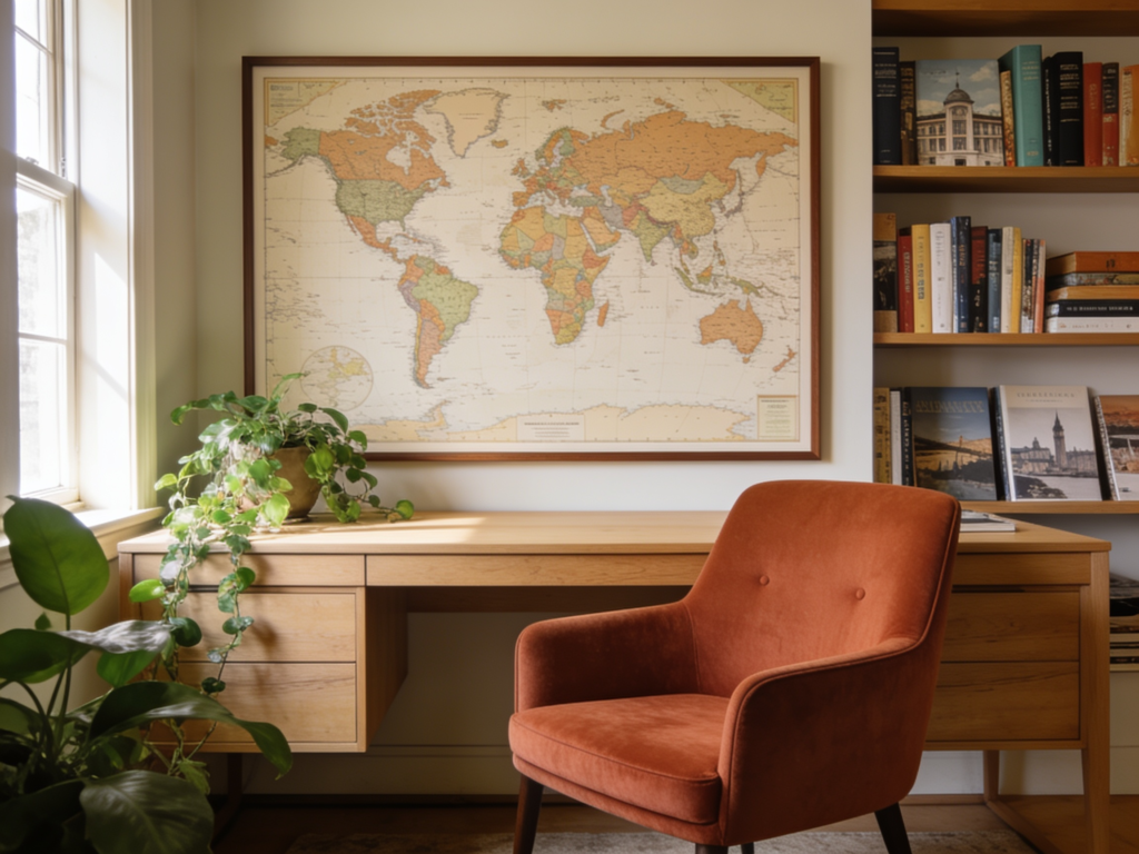 Home office com mapa-múndi emoldurado sobre a mesa de trabalho, poltrona terracota, móveis de madeira clara e estante com livros de viagens.