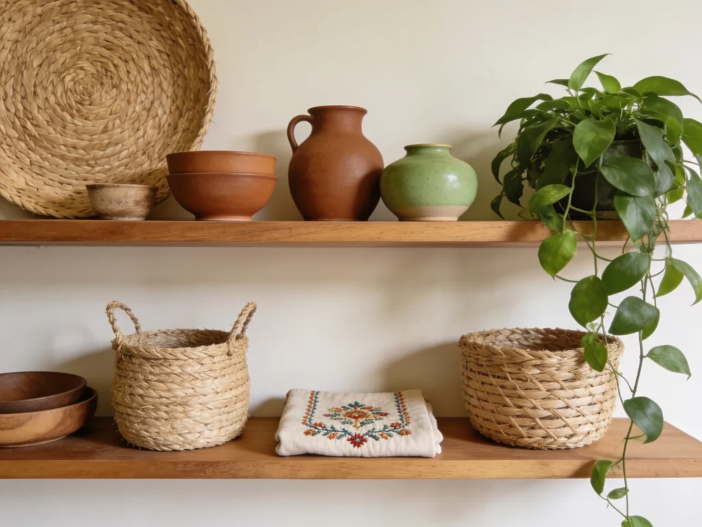 Prateleiras de madeira decoradas com cerâmicas artesanais, cestos de fibras naturais, têxtil bordado e planta pendente, inspiradas em objetos trazidos de viagens.