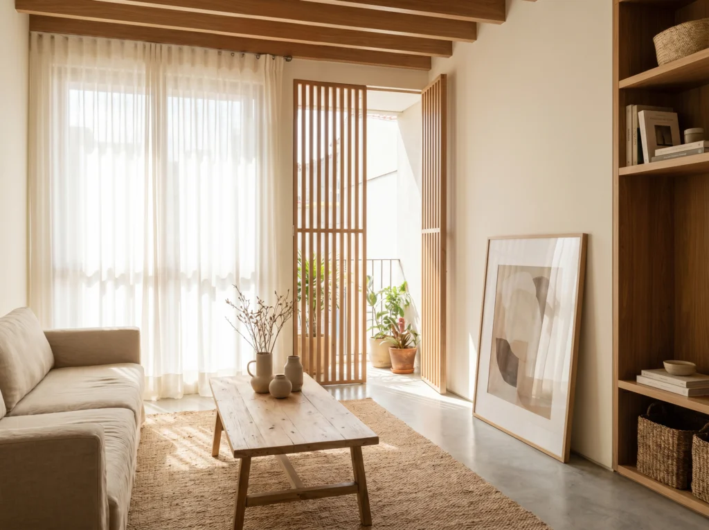 Sala de estar inspirada no Japão com madeira clara, divisória ripada, sofá de linho, paleta neutra e abundante luz natural.