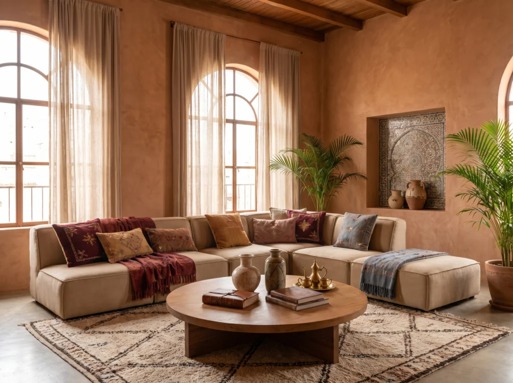 Sala de estar inspirada em Marrocos com paredes em tom terracota, painel de azulejos marroquinos, sofá modular claro, tapete geométrico e luminosa iluminação natural.