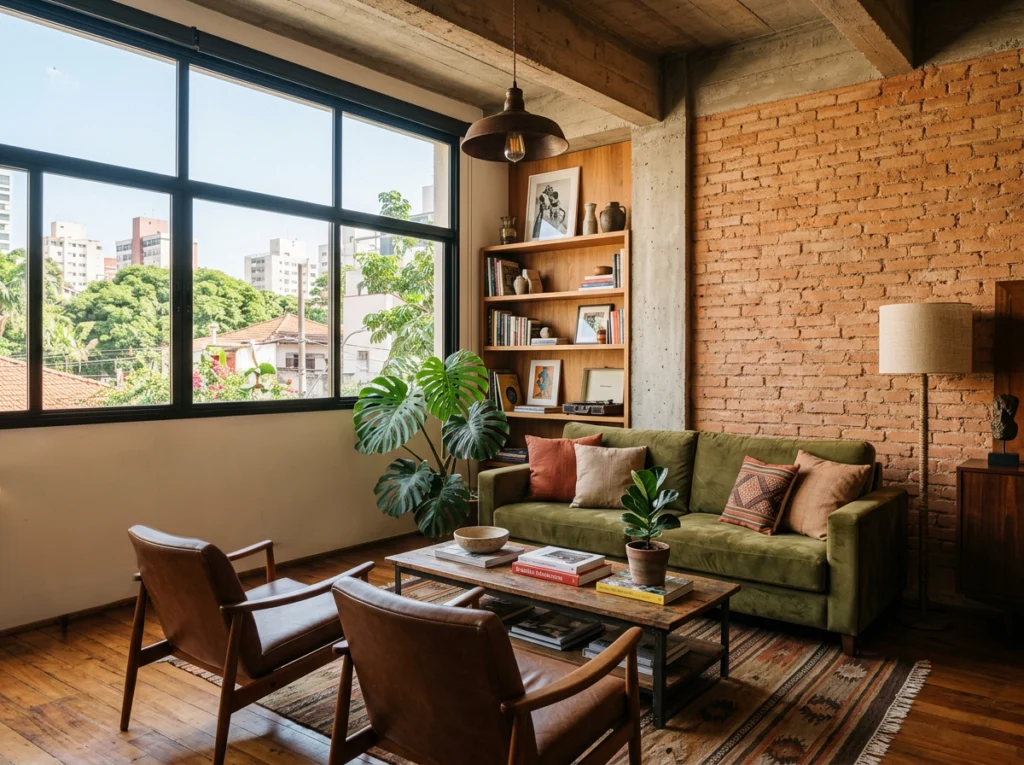 Sala de estar inspirada em Nova York com parede de tijolos aparentes, janelas industriais de esquadria preta, concreto aparente e mobiliário em madeira e couro.