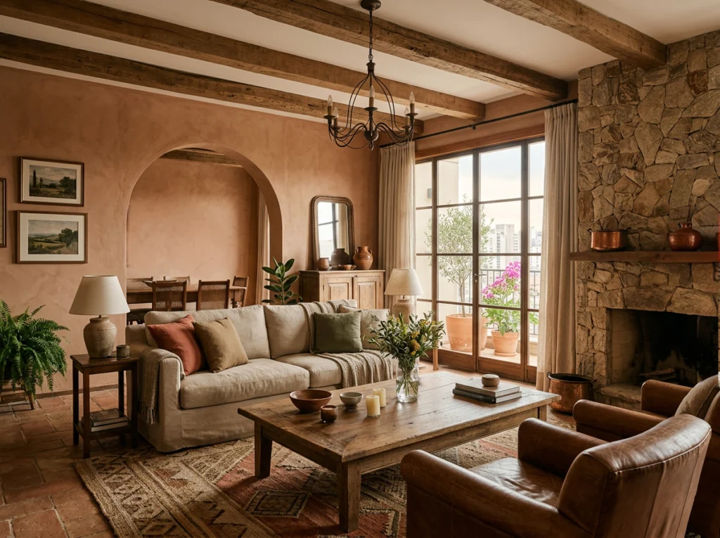 Sala de estar inspirada na Toscana com vigas de madeira aparentes, paredes em tom terracota, lareira revestida em pedra natural, sofá de linho e decoração em tons terrosos.