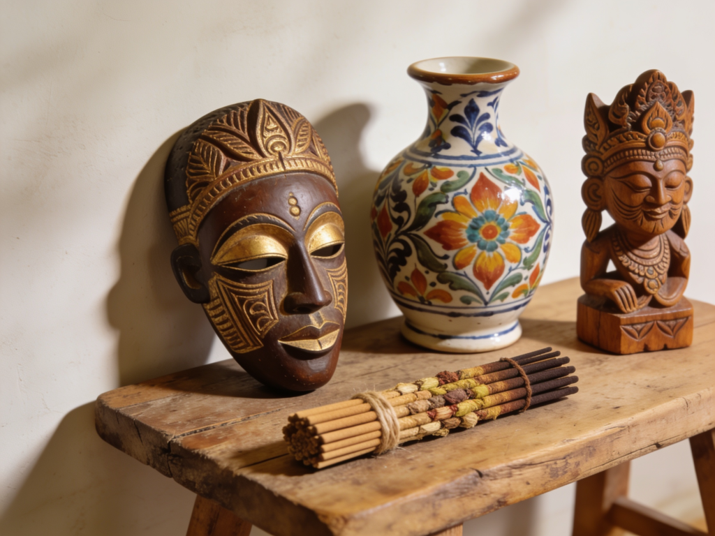 Máscara africana, vaso de cerâmica pintado à mão, escultura em madeira e incensos sobre banco rústico de madeira, compondo uma decoração inspirada em diferentes culturas.