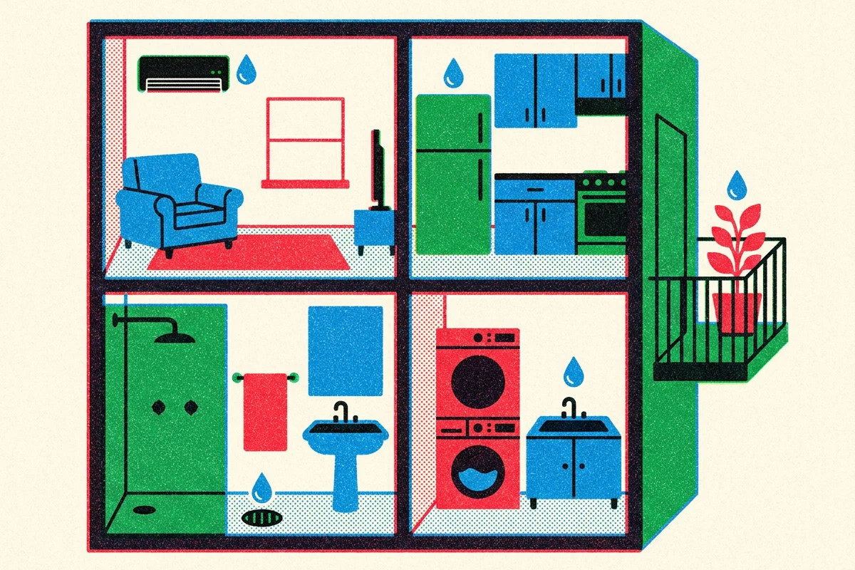 Ilustração em corte de um apartamento mostrando pontos de criadouro de dengue dentro de casa: ar-condicionado, geladeira, ralo do banheiro, tanque e vaso de planta na varanda