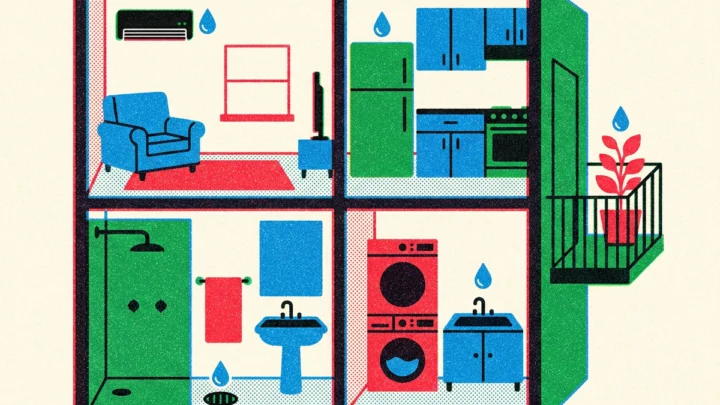 Ilustração em corte de um apartamento mostrando pontos de criadouro de dengue dentro de casa: ar-condicionado, geladeira, ralo do banheiro, tanque e vaso de planta na varanda
