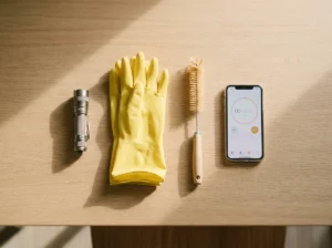 Lanterna, luva de silicone amarela, escova de limpeza e celular com timer de 15 minutos, itens usados na vistoria contra criadouro de dengue dentro de casa